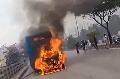 Bengaluru: 3 Injured As Speeding Car Crashes Into Parked Bus, Both Catch Fire After Collision | WATCH