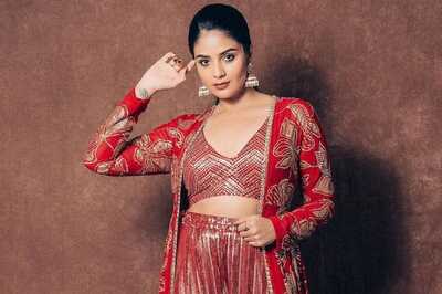 Actress Sreemukhi Shines In Red Lehenga During Bholaa Shankar Promotions