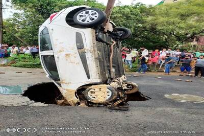Portion of Road in Delhi's Dwarka Caves in After Heavy Rains, Car Gets Stuck